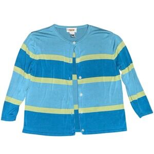 Vintage Talbots 100% SILK Cardigan Sweater Striped Aqua Yellow Blue M no sz tag!